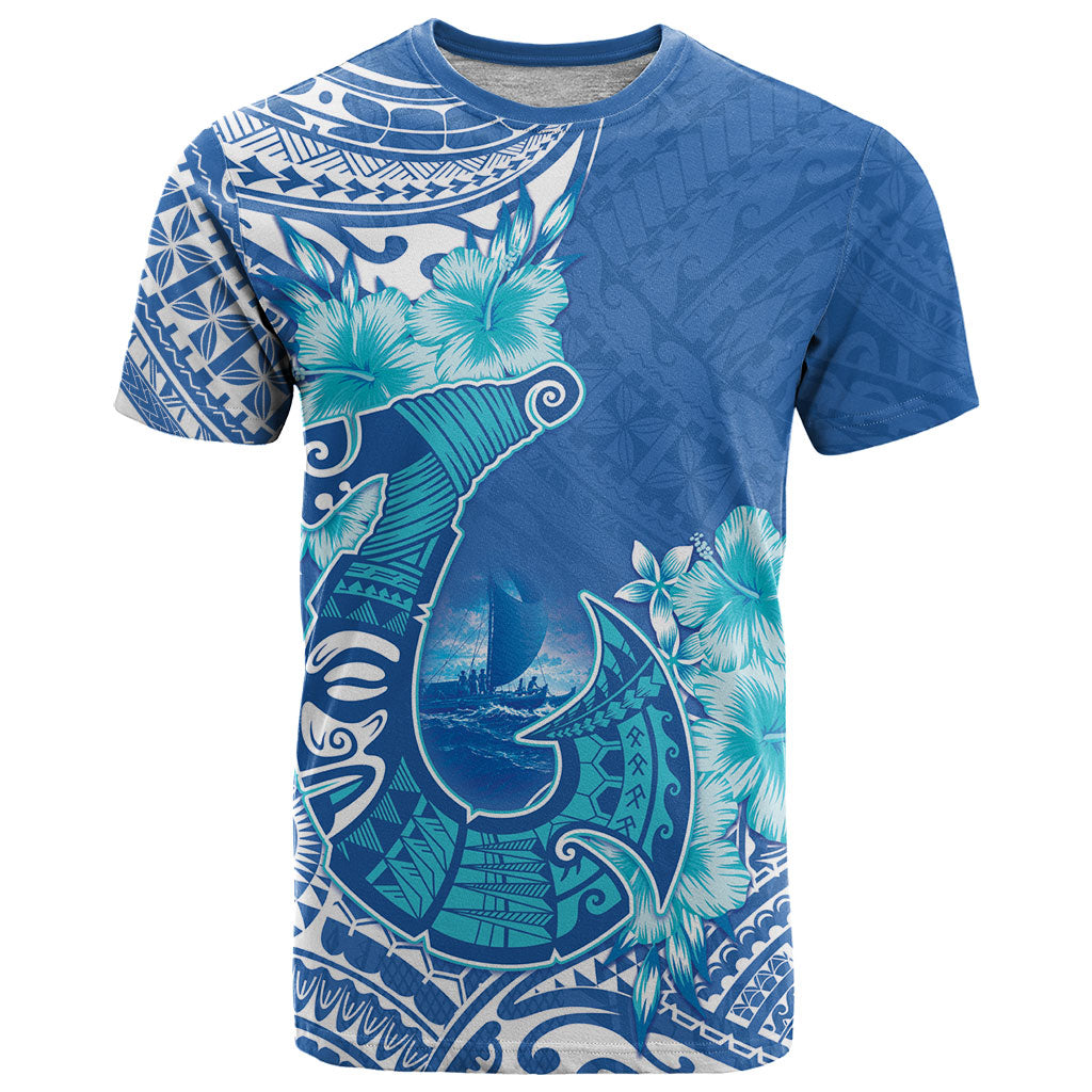 Hawaii Discoverers Day T Shirt Polynesian Fish Hook With Hibiscus Blue LT05 Blue - Polynesian Pride