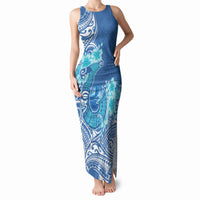 Hawaii Discoverers Day Tank Maxi Dress Polynesian Fish Hook With Hibiscus Blue LT05 Women Blue - Polynesian Pride