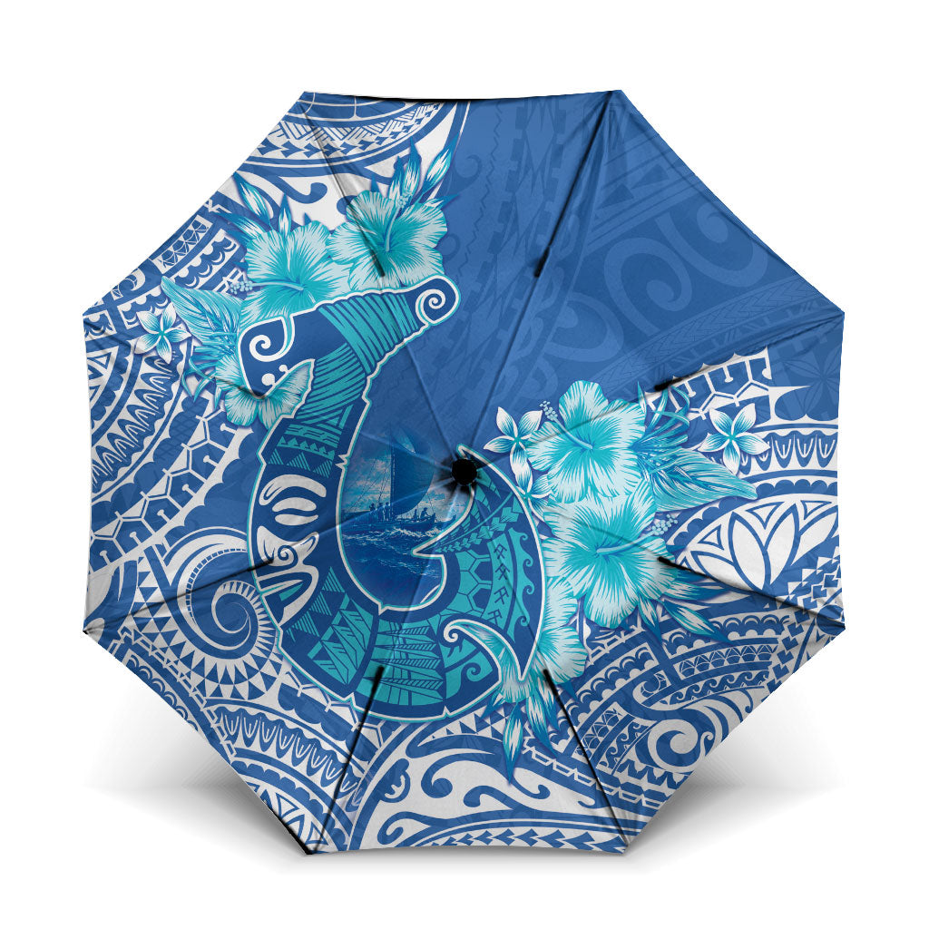 Hawaii Discoverers Day Umbrella Polynesian Fish Hook With Hibiscus Blue LT05 One Size Folded 11.42 inch Opened Diameter 37.4 inch Blue - Polynesian Pride