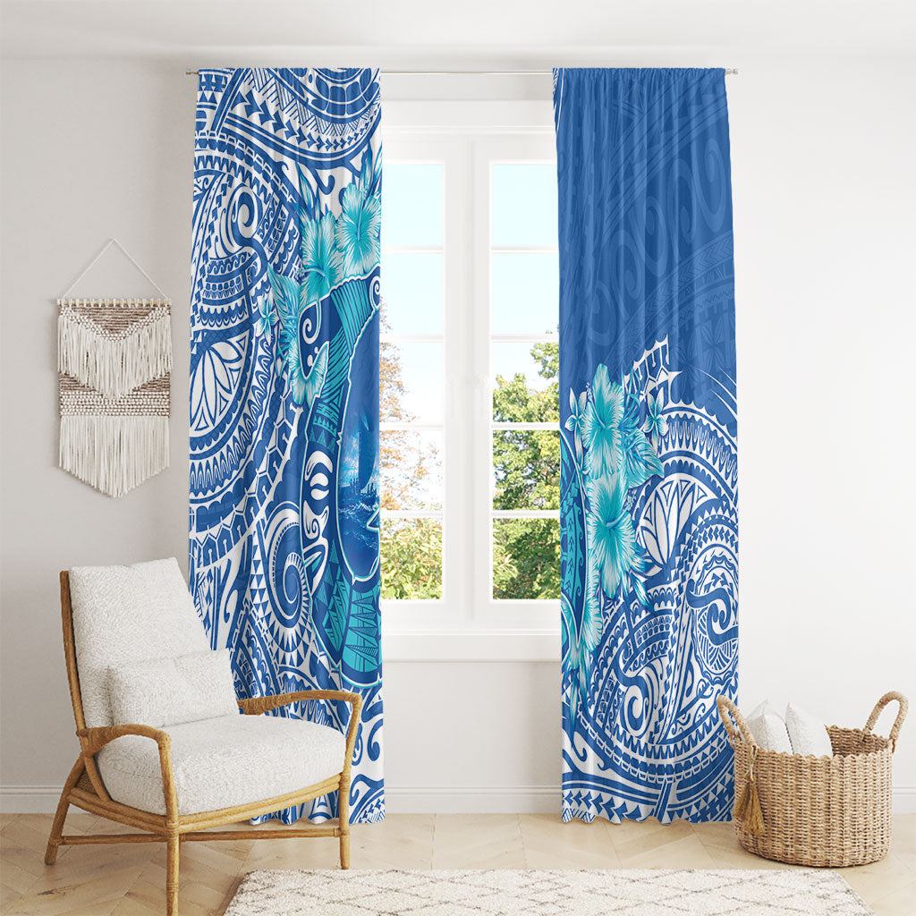 Hawaii Discoverers Day Window Curtain Polynesian Fish Hook With Hibiscus Blue