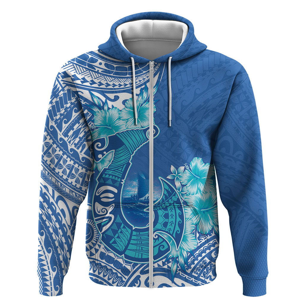 Hawaii Discoverers Day Zip Hoodie Polynesian Fish Hook With Hibiscus Blue LT05 Zip Hoodie Blue - Polynesian Pride