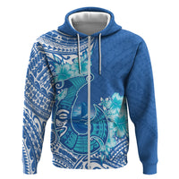 Hawaii Discoverers Day Zip Hoodie Polynesian Fish Hook With Hibiscus Blue LT05 Zip Hoodie Blue - Polynesian Pride