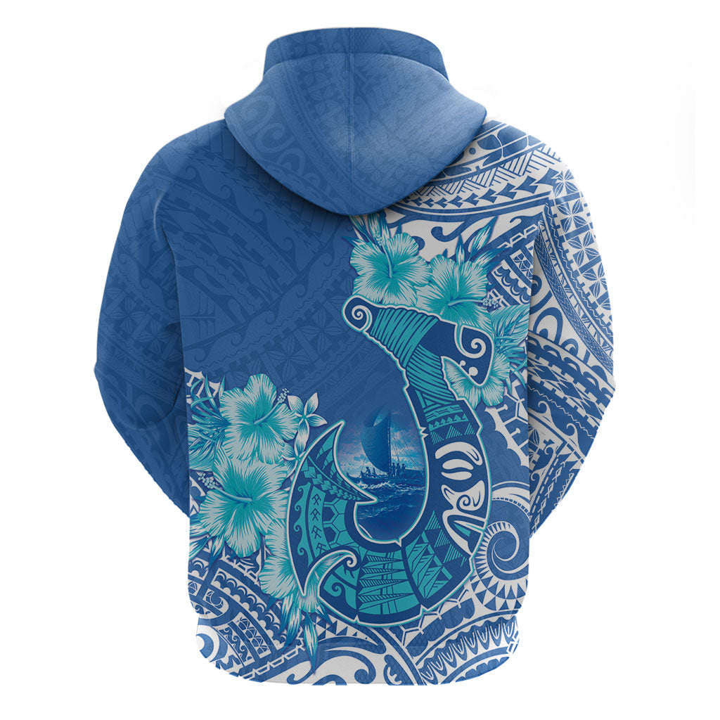 Hawaii Discoverers Day Zip Hoodie Polynesian Fish Hook With Hibiscus Blue LT05 - Polynesian Pride
