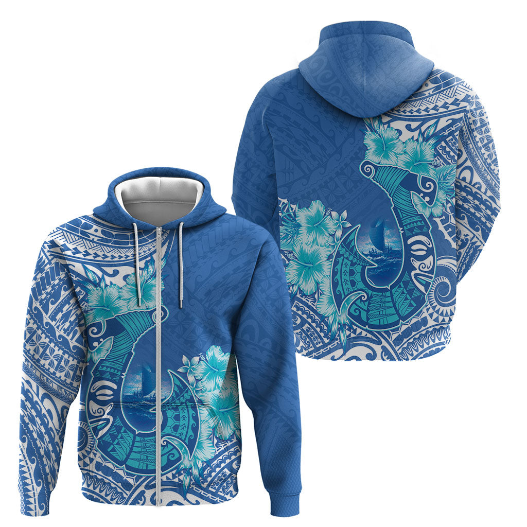 Hawaii Discoverers Day Zip Hoodie Polynesian Fish Hook With Hibiscus Blue LT05 - Polynesian Pride