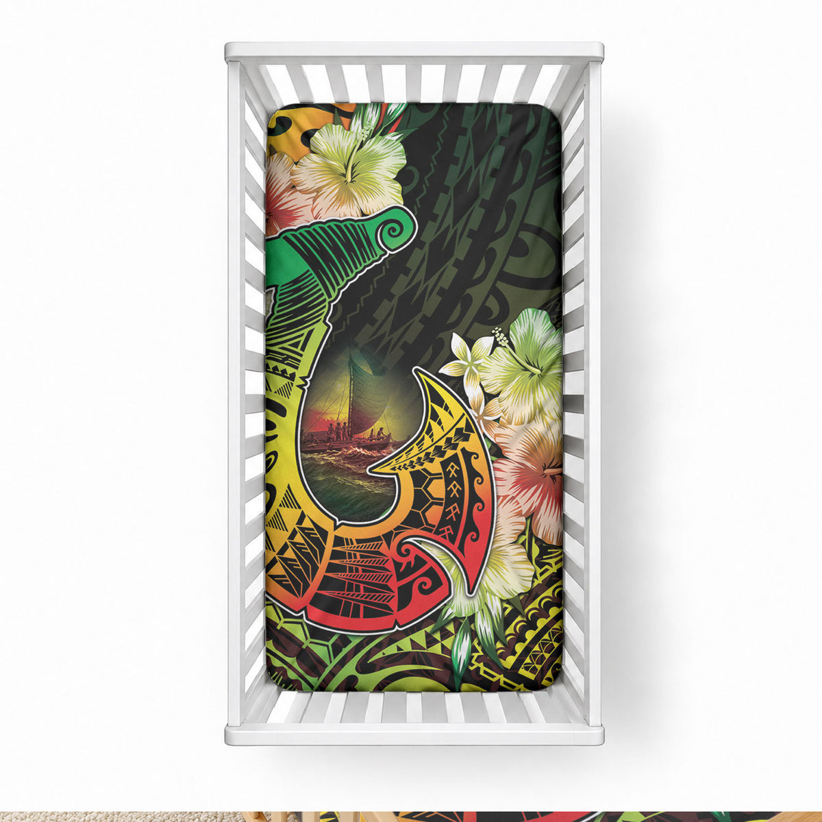 Hawaii Discoverers Day Baby Bed Cover Polynesian Fish Hook With Hibiscus Reggae LT05 28 × 52 in Reggae - Polynesian Pride