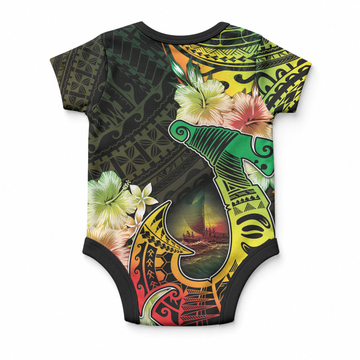 Hawaii Discoverers Day Baby Onesie Polynesian Fish Hook With Hibiscus Reggae LT05 - Polynesian Pride