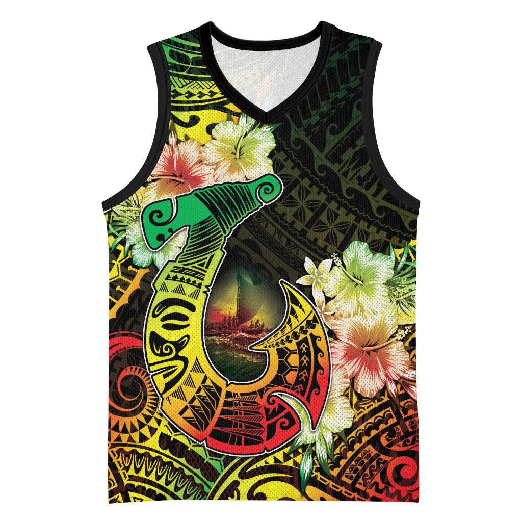 Hawaii Discoverers Day Basketball Jersey Polynesian Fish Hook With Hibiscus Reggae LT05 Unisex Reggae - Polynesian Pride