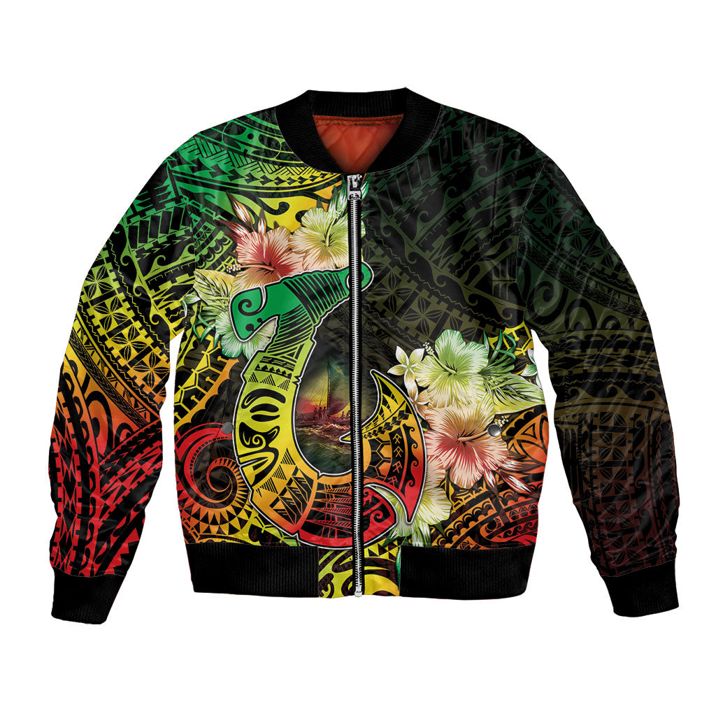 Hawaii Discoverers Day Bomber Jacket Polynesian Fish Hook With Hibiscus Reggae LT05 Unisex Reggae - Polynesian Pride