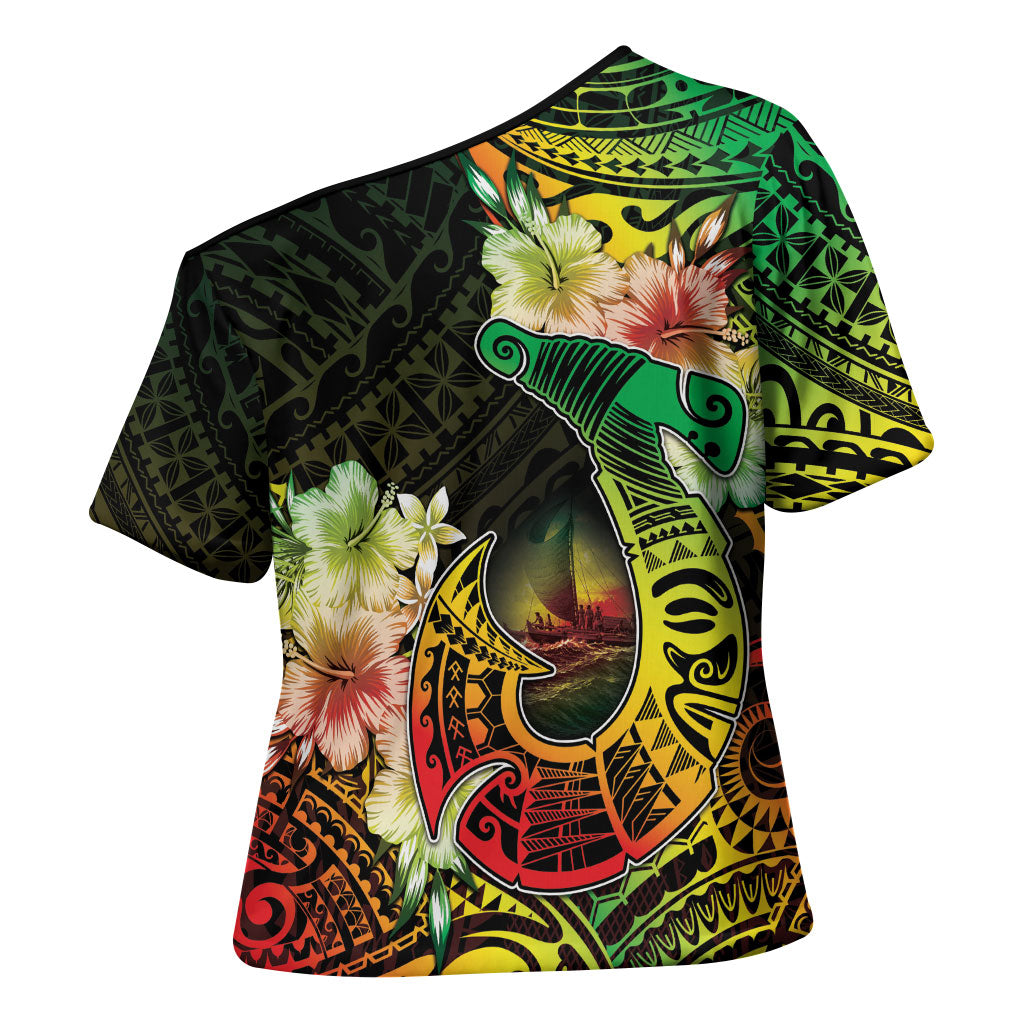 Hawaii Discoverers Day Cross Shoulder Shirt Polynesian Fish Hook With Hibiscus Reggae LT05 - Polynesian Pride