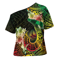 Hawaii Discoverers Day Cross Shoulder Shirt Polynesian Fish Hook With Hibiscus Reggae LT05 - Polynesian Pride