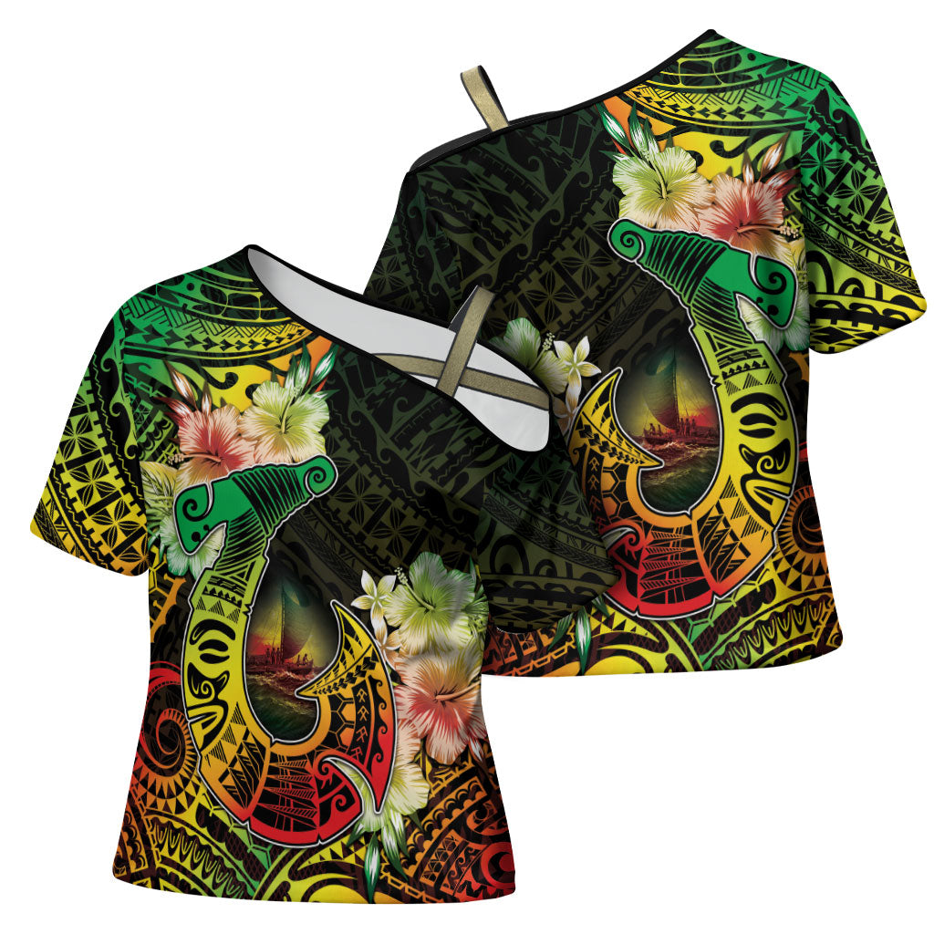 Hawaii Discoverers Day Cross Shoulder Shirt Polynesian Fish Hook With Hibiscus Reggae LT05 - Polynesian Pride