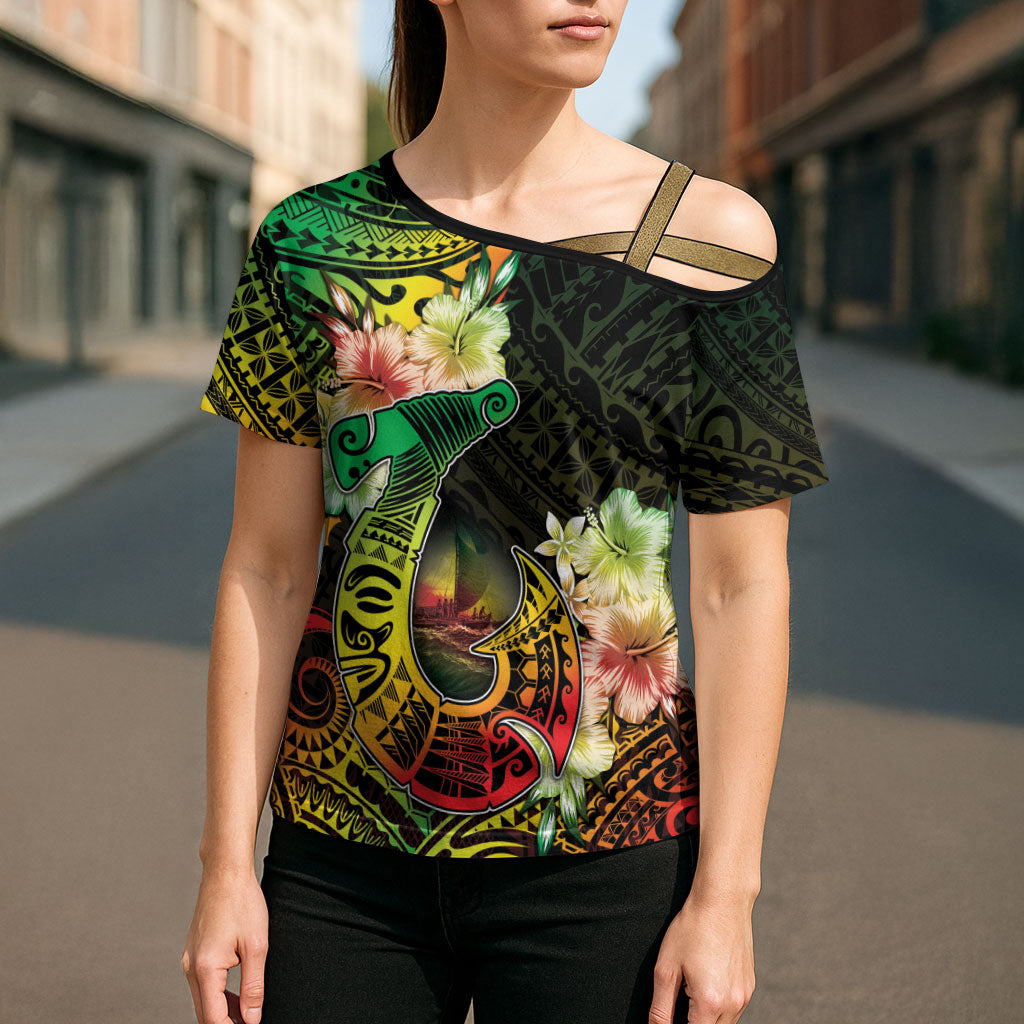 Hawaii Discoverers Day Cross Shoulder Shirt Polynesian Fish Hook With Hibiscus Reggae LT05 - Polynesian Pride