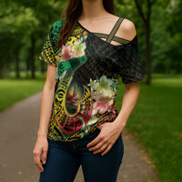 Hawaii Discoverers Day Cross Shoulder Shirt Polynesian Fish Hook With Hibiscus Reggae LT05 - Polynesian Pride