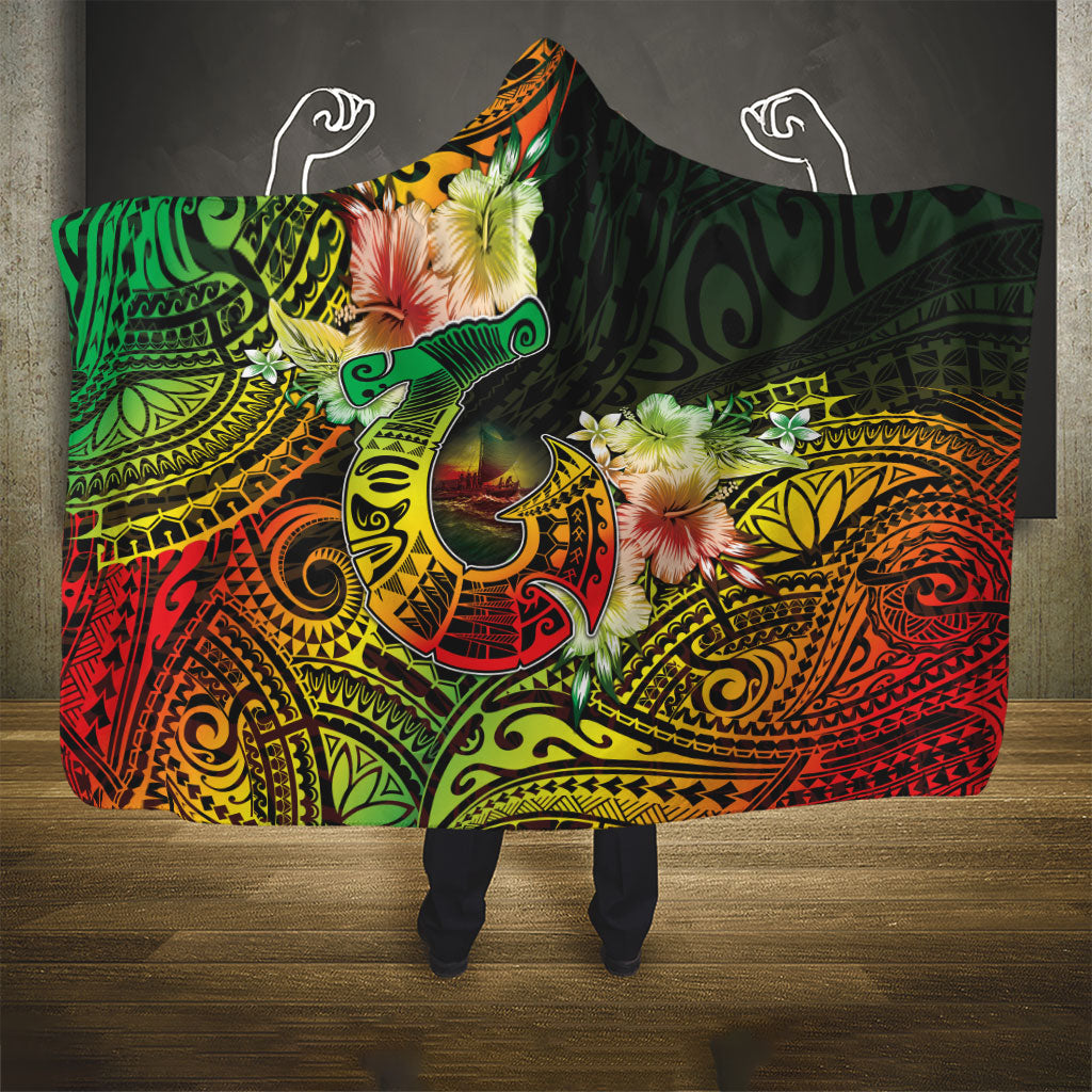 Hawaii Discoverers Day Hooded Blanket Polynesian Fish Hook With Hibiscus Reggae LT05 - Polynesian Pride