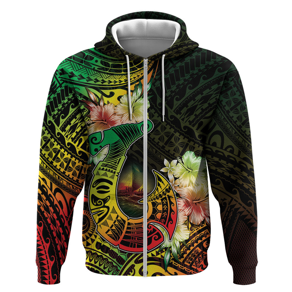 Hawaii Discoverers Day Hoodie Polynesian Fish Hook With Hibiscus Reggae LT05 Zip Hoodie Reggae - Polynesian Pride