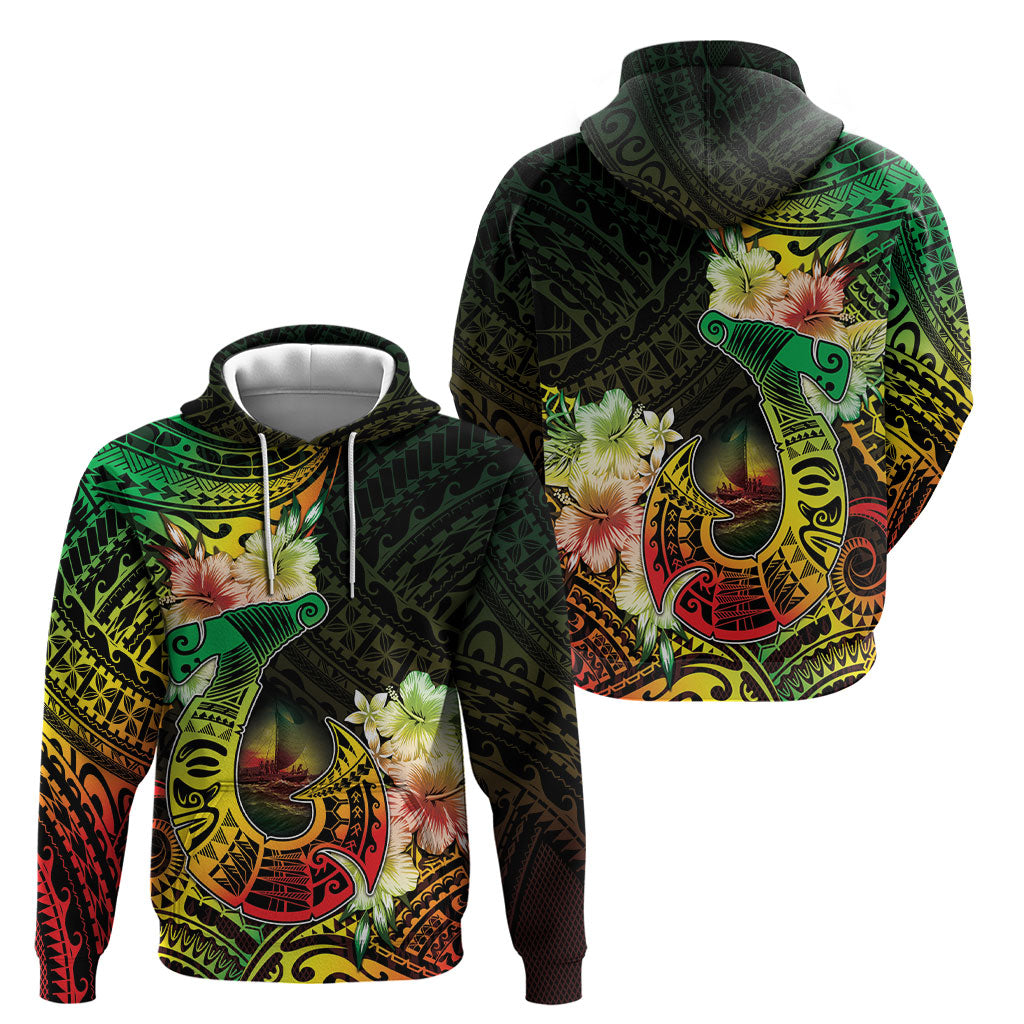 Hawaii Discoverers Day Hoodie Polynesian Fish Hook With Hibiscus Reggae LT05 - Polynesian Pride
