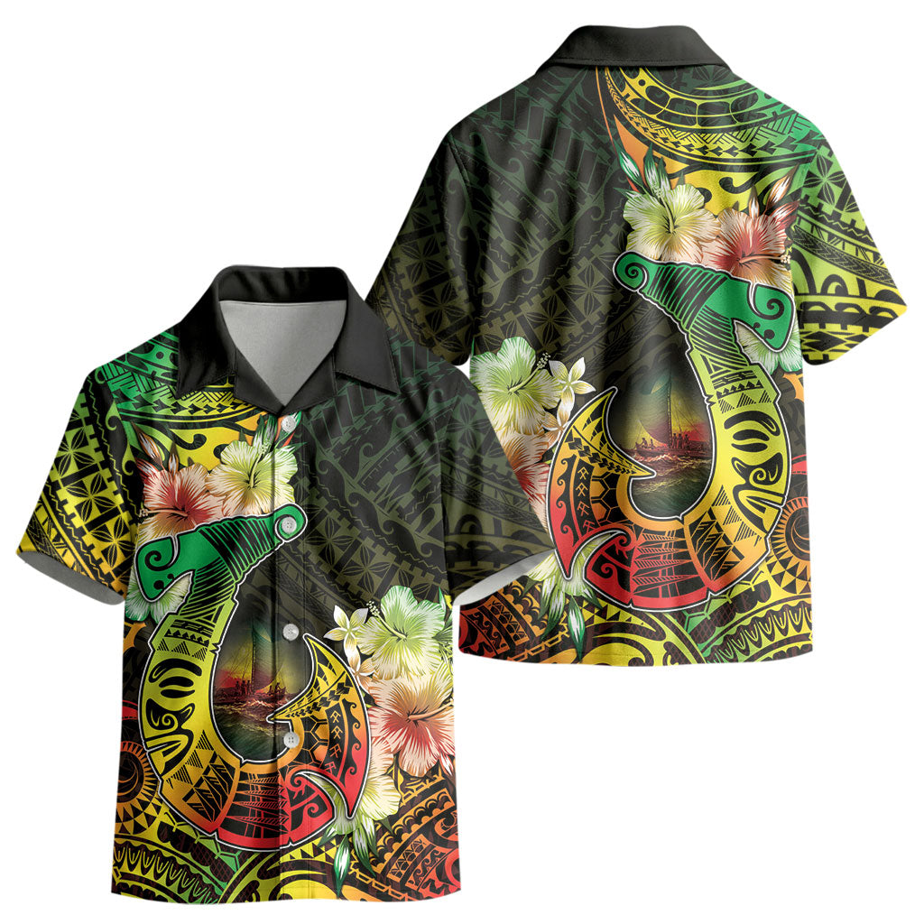 Hawaii Discoverers Day Kid Hawaiian Shirt Polynesian Fish Hook With Hibiscus Reggae LT05 - Polynesian Pride