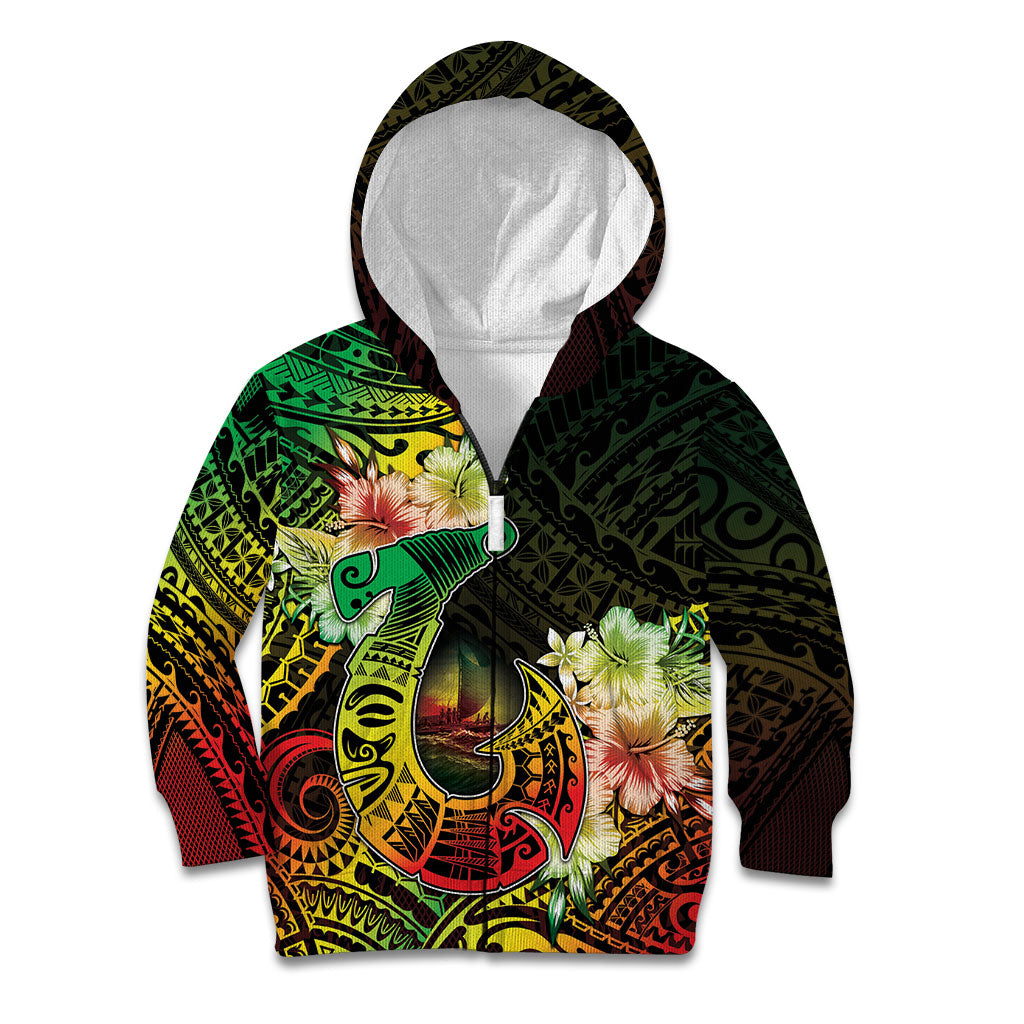 Hawaii Discoverers Day Kid Hoodie Polynesian Fish Hook With Hibiscus Reggae LT05 Zip Hoodie Reggae - Polynesian Pride
