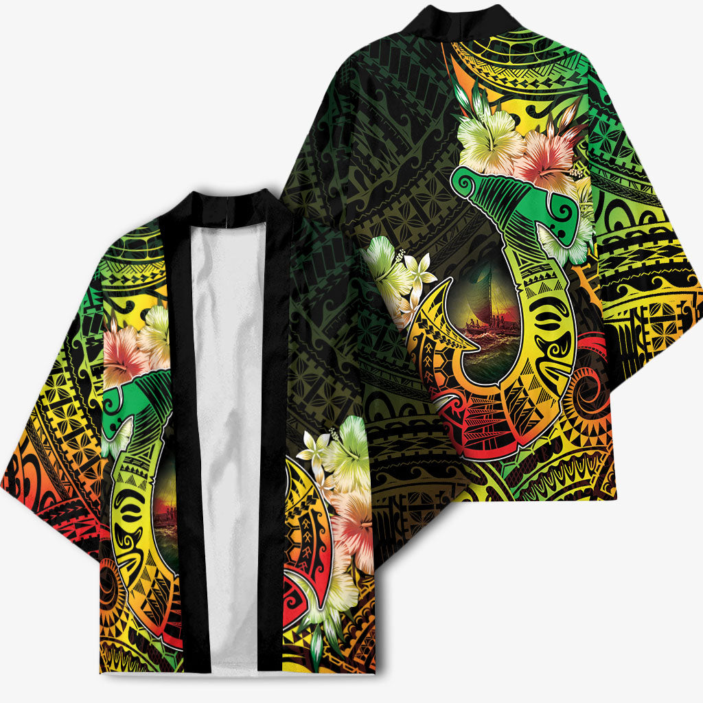 Hawaii Discoverers Day Kimono Polynesian Fish Hook With Hibiscus Reggae