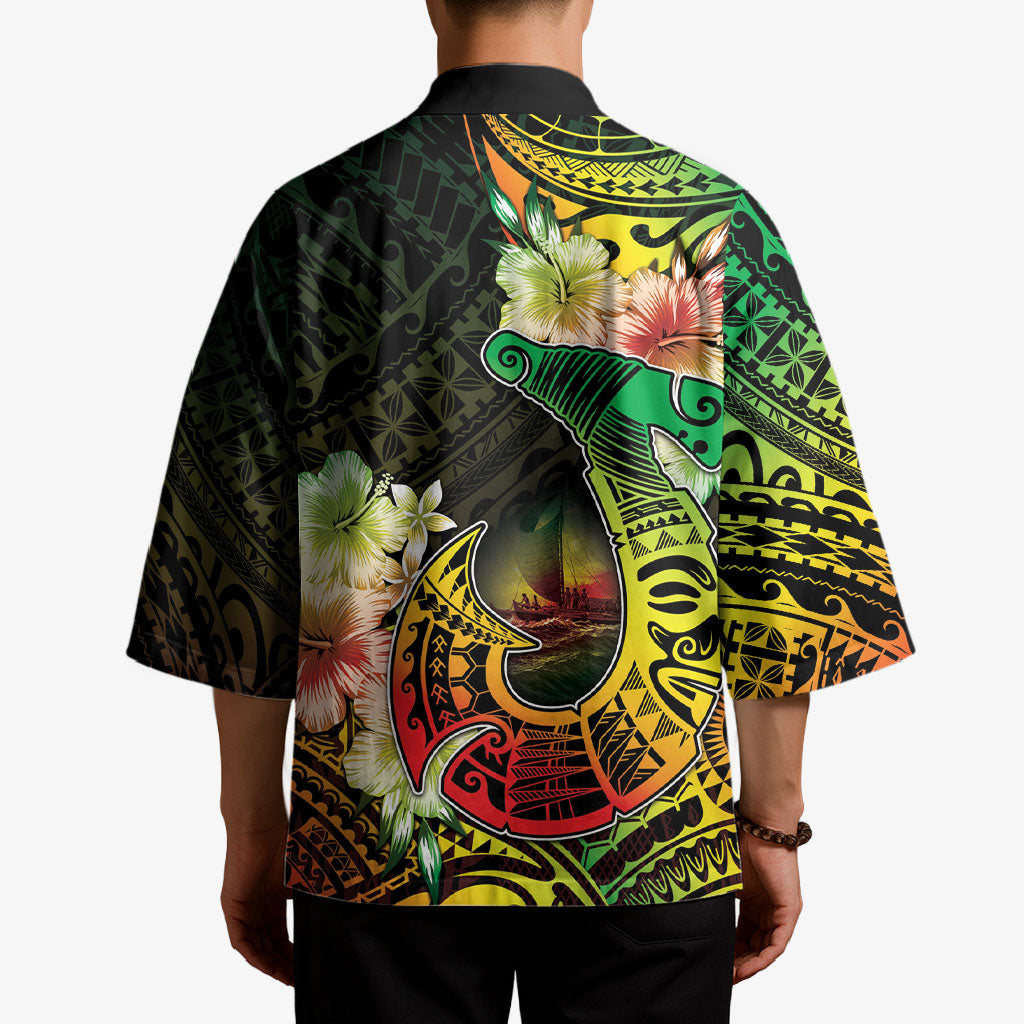 Hawaii Discoverers Day Kimono Polynesian Fish Hook With Hibiscus Reggae