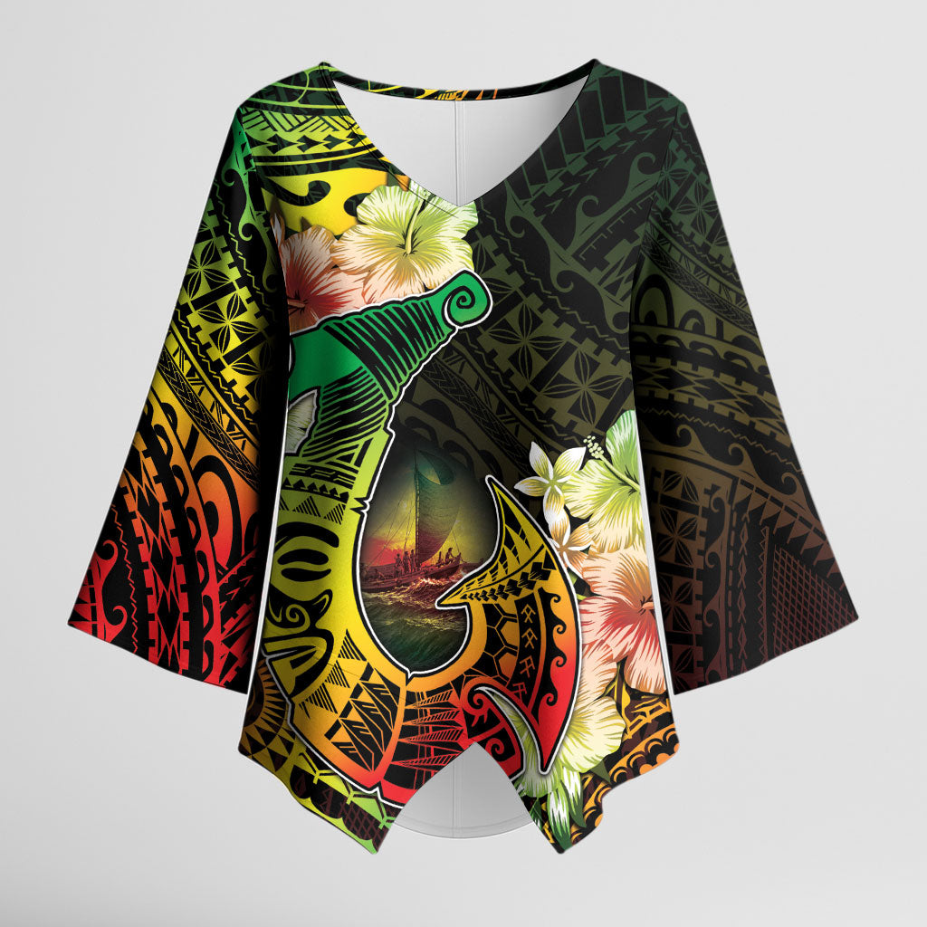 Hawaii Discoverers Day Kimono Sleeve Blouse Polynesian Fish Hook With Hibiscus Reggae LT05 Female Reggae - Polynesian Pride