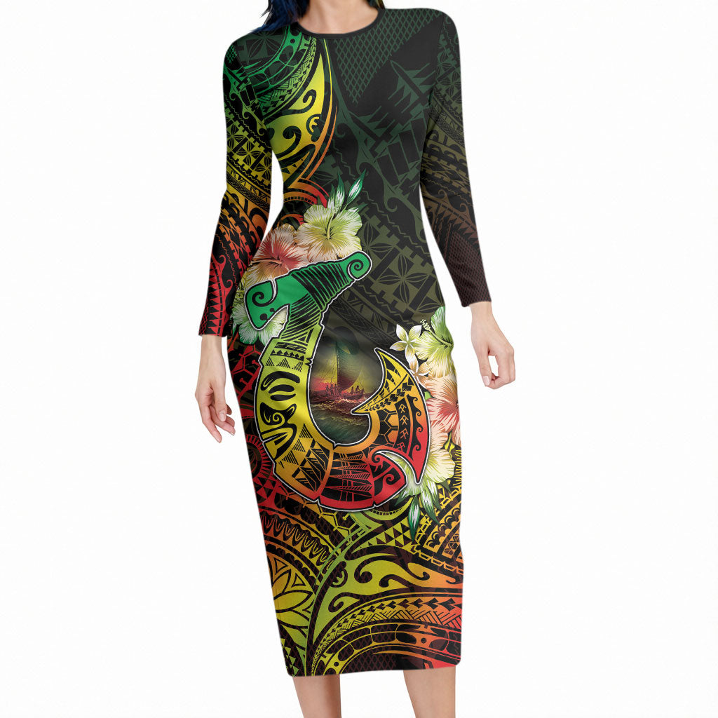 Hawaii Discoverers Day Long Sleeve Bodycon Dress Polynesian Fish Hook With Hibiscus Reggae LT05 Long Dress Reggae - Polynesian Pride