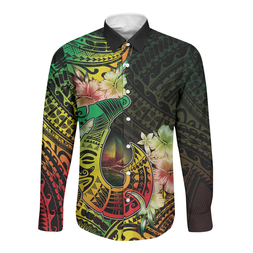 Hawaii Discoverers Day Long Sleeve Button Shirt Polynesian Fish Hook With Hibiscus Reggae