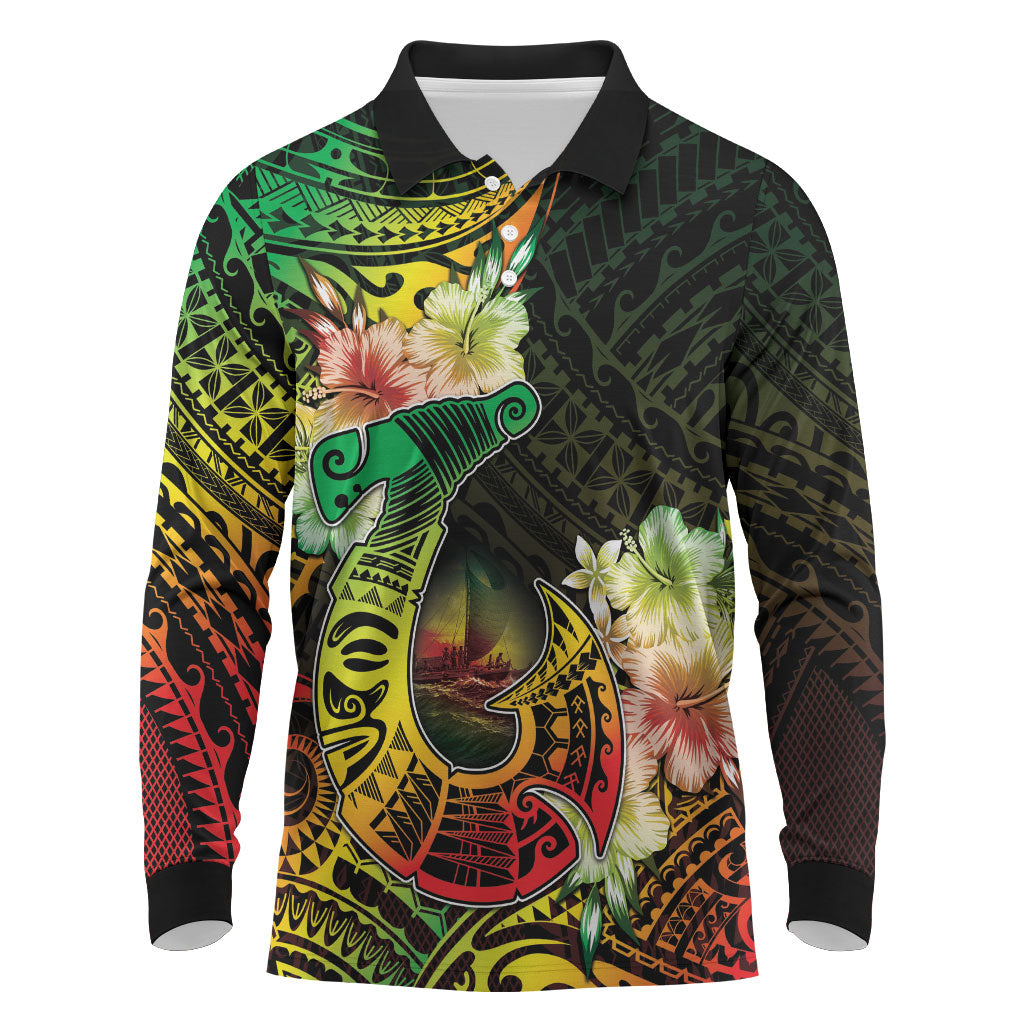 Hawaii Discoverers Day Long Sleeve Polo Shirt Polynesian Fish Hook With Hibiscus Reggae LT05 Reggae - Polynesian Pride