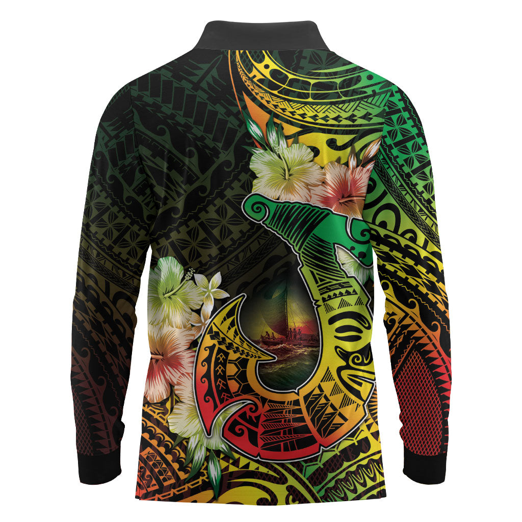 Hawaii Discoverers Day Long Sleeve Polo Shirt Polynesian Fish Hook With Hibiscus Reggae LT05 - Polynesian Pride