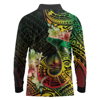 Hawaii Discoverers Day Long Sleeve Polo Shirt Polynesian Fish Hook With Hibiscus Reggae LT05 - Polynesian Pride