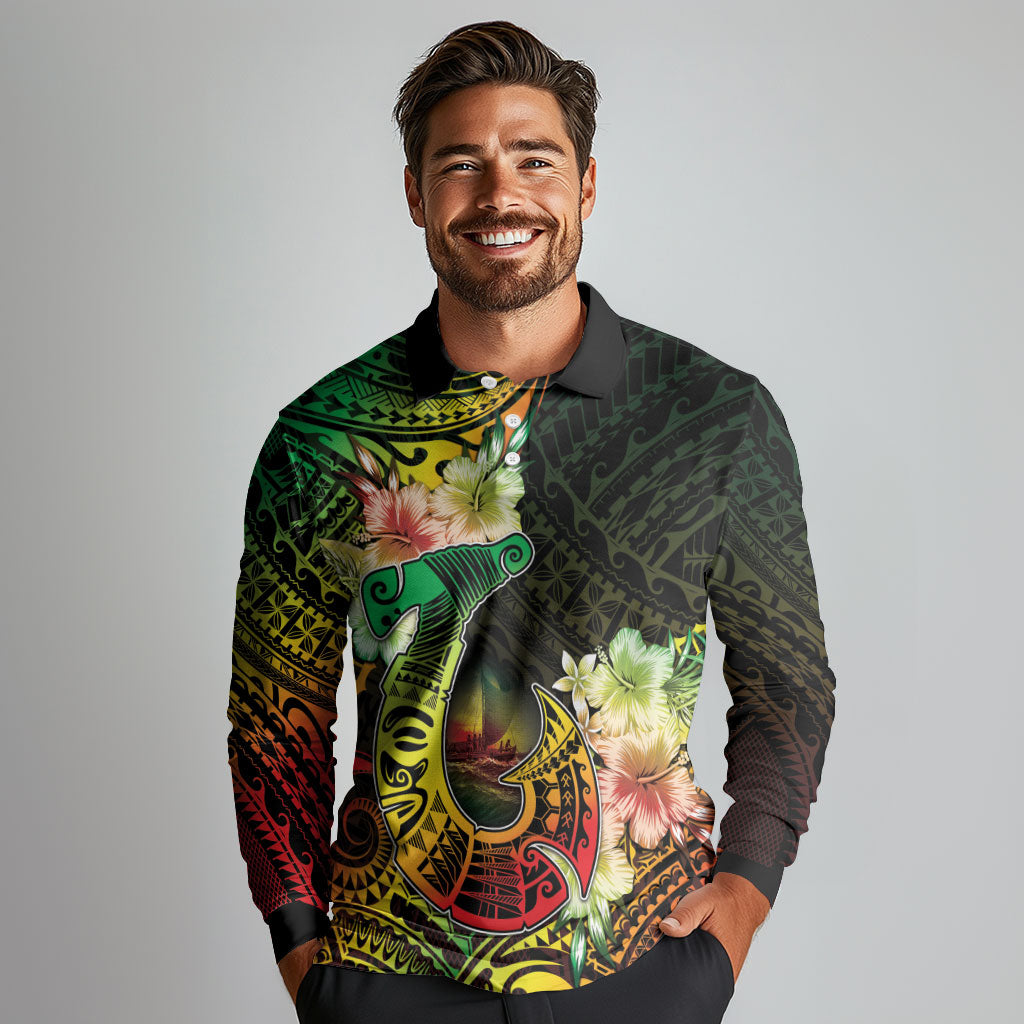 Hawaii Discoverers Day Long Sleeve Polo Shirt Polynesian Fish Hook With Hibiscus Reggae LT05 - Polynesian Pride