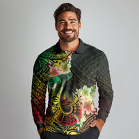 Hawaii Discoverers Day Long Sleeve Polo Shirt Polynesian Fish Hook With Hibiscus Reggae LT05 - Polynesian Pride