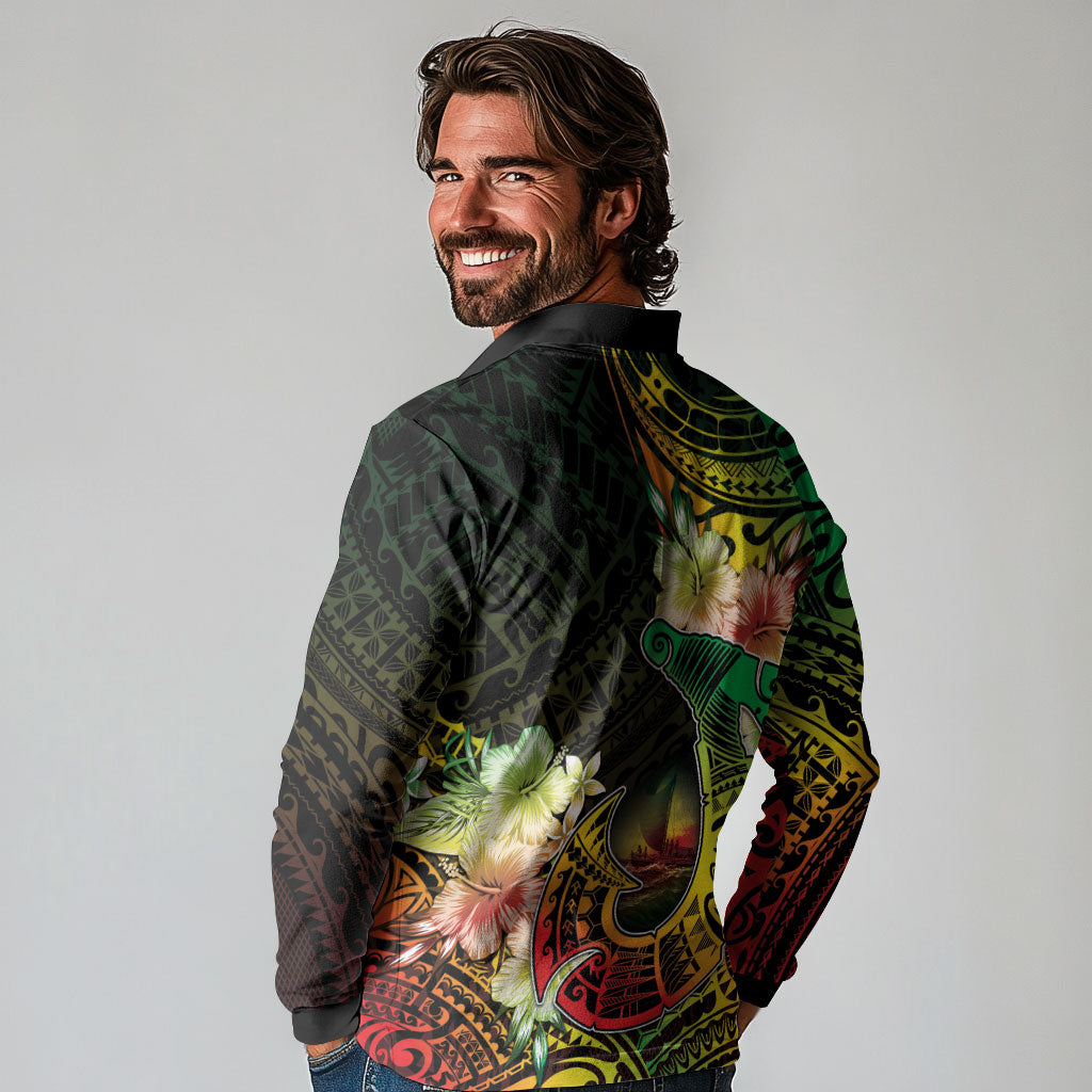 Hawaii Discoverers Day Long Sleeve Polo Shirt Polynesian Fish Hook With Hibiscus Reggae LT05 - Polynesian Pride