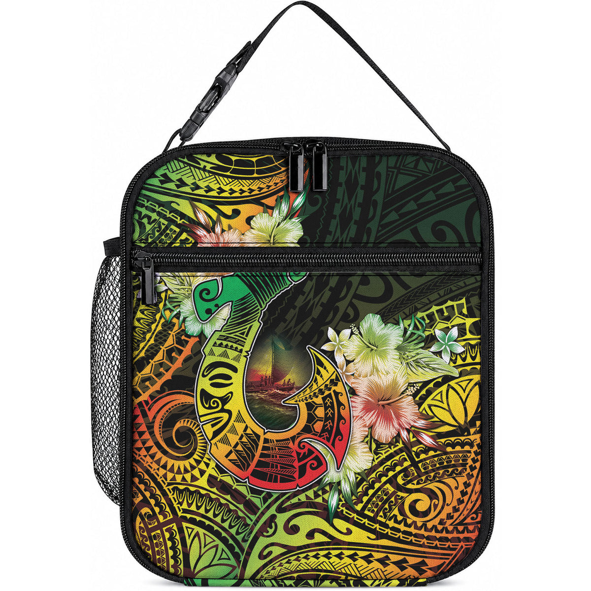 Hawaii Discoverers Day Lunch Bag Polynesian Fish Hook With Hibiscus Reggae LT05 10.2 × 8.3 × 4.3 inch Reggae - Polynesian Pride