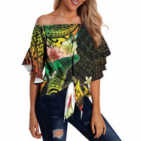 Hawaii Discoverers Day Off Shoulder Wrap Waist Top Polynesian Fish Hook With Hibiscus Reggae LT05 Reggae - Polynesian Pride