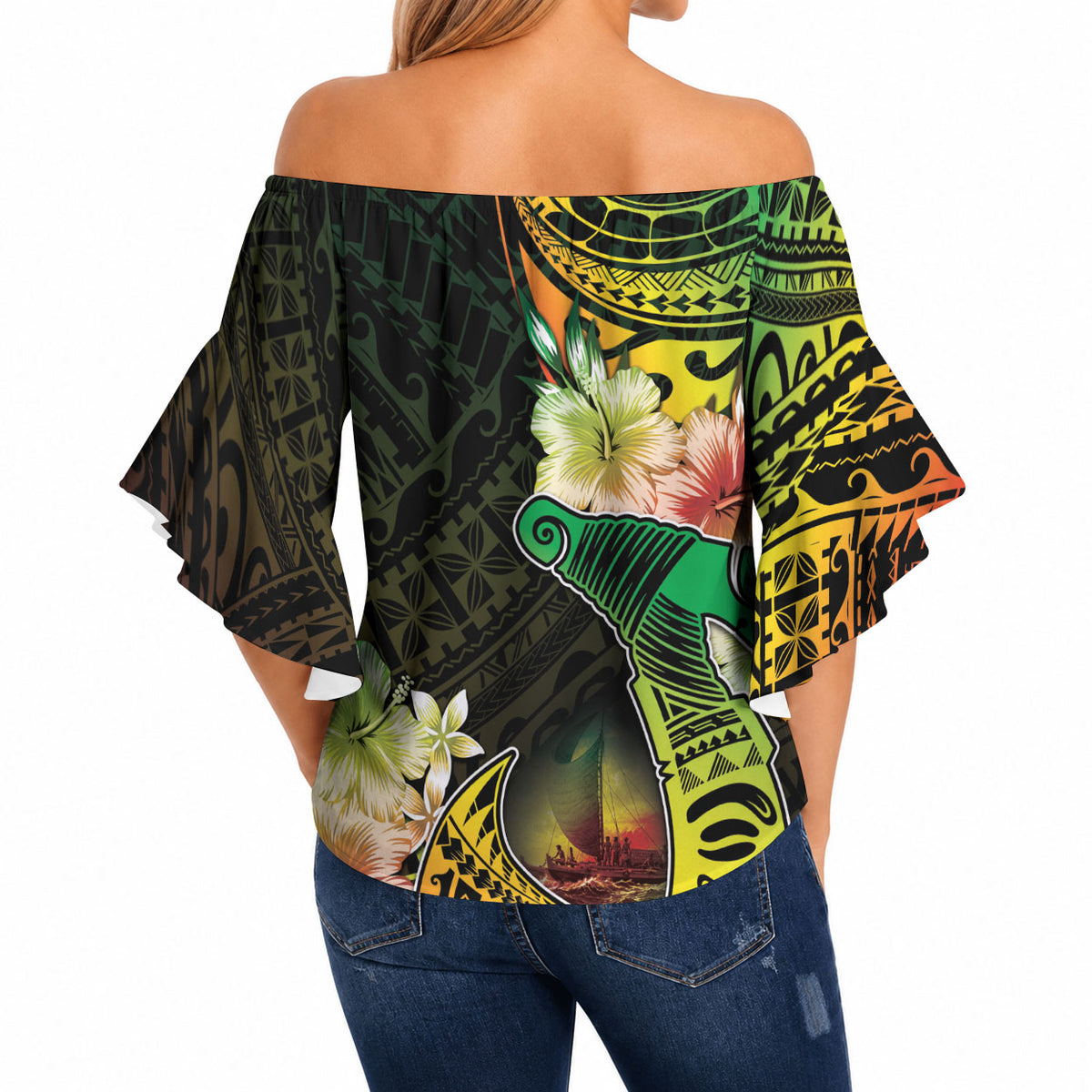 Hawaii Discoverers Day Off Shoulder Wrap Waist Top Polynesian Fish Hook With Hibiscus Reggae LT05 - Polynesian Pride