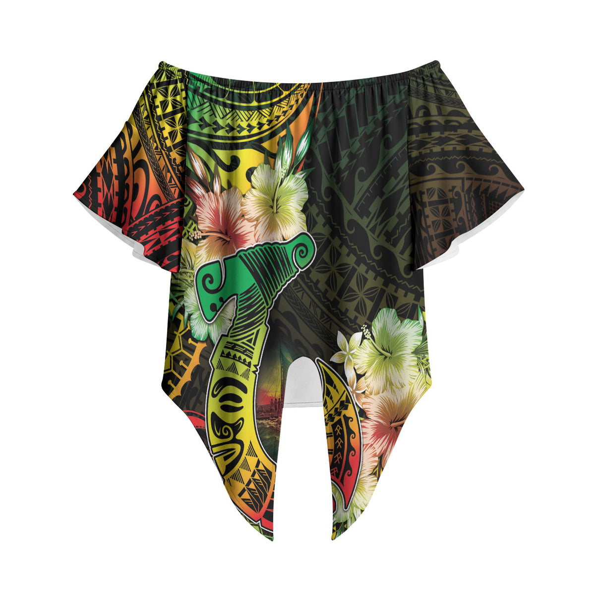 Hawaii Discoverers Day Off Shoulder Wrap Waist Top Polynesian Fish Hook With Hibiscus Reggae LT05 - Polynesian Pride