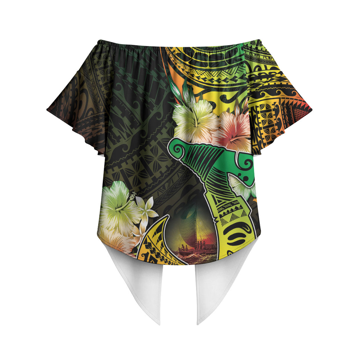 Hawaii Discoverers Day Off Shoulder Wrap Waist Top Polynesian Fish Hook With Hibiscus Reggae LT05 - Polynesian Pride