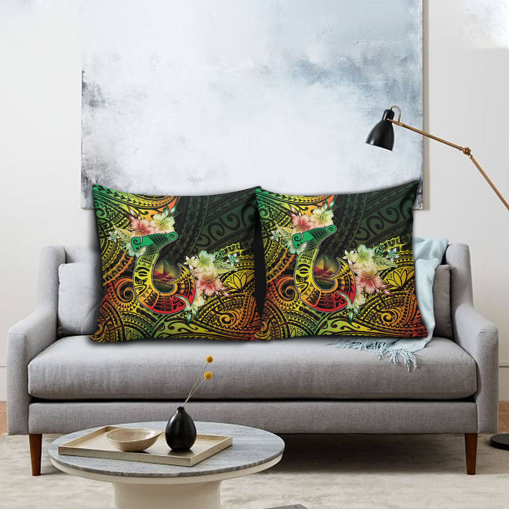 Hawaii Discoverers Day Pillow Cover Polynesian Fish Hook With Hibiscus Reggae LT05 - Polynesian Pride