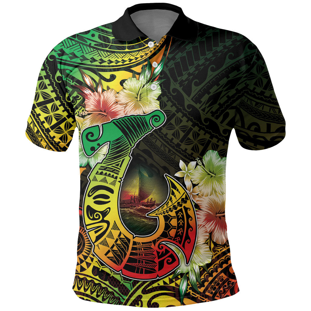 Hawaii Discoverers Day Polo Shirt Polynesian Fish Hook With Hibiscus Reggae LT05 Reggae - Polynesian Pride