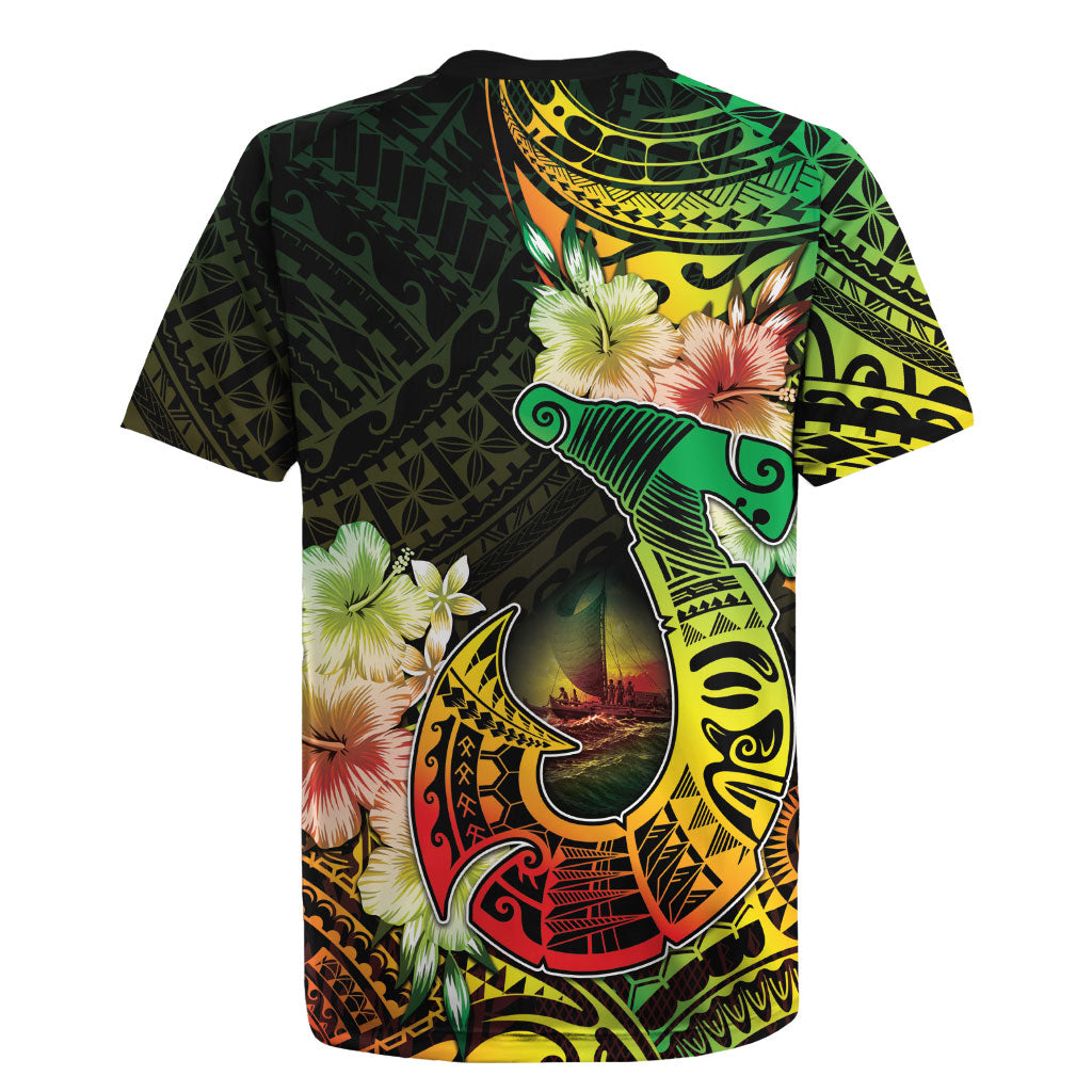 Hawaii Discoverers Day Rugby Jersey Polynesian Fish Hook With Hibiscus Reggae LT05 - Polynesian Pride