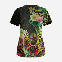 Hawaii Discoverers Day Scrub Top Polynesian Fish Hook With Hibiscus Reggae LT05 - Polynesian Pride