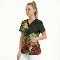 Hawaii Discoverers Day Scrub Top Polynesian Fish Hook With Hibiscus Reggae LT05 - Polynesian Pride