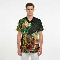 Hawaii Discoverers Day Scrub Top Polynesian Fish Hook With Hibiscus Reggae LT05 - Polynesian Pride