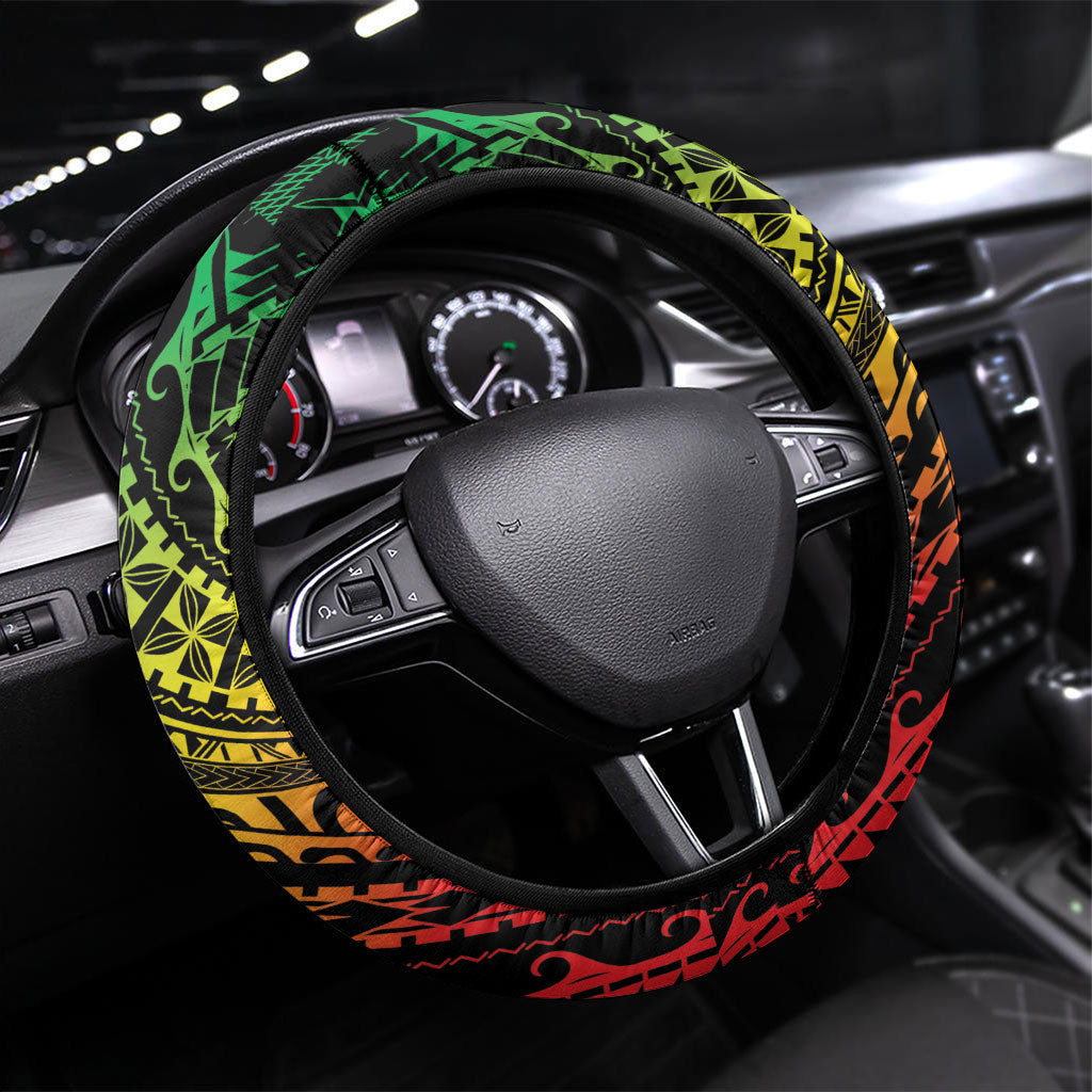 Hawaii Discoverers Day Steering Wheel Cover Polynesian Fish Hook With Hibiscus Reggae LT05 Universal Fit Reggae - Polynesian Pride