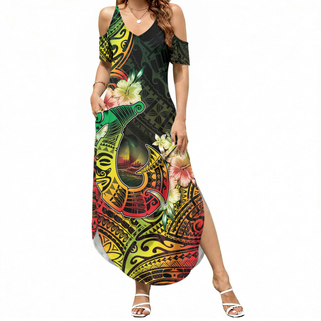 Hawaii Discoverers Day Summer Maxi Dress Polynesian Fish Hook With Hibiscus Reggae LT05 Women Reggae - Polynesian Pride