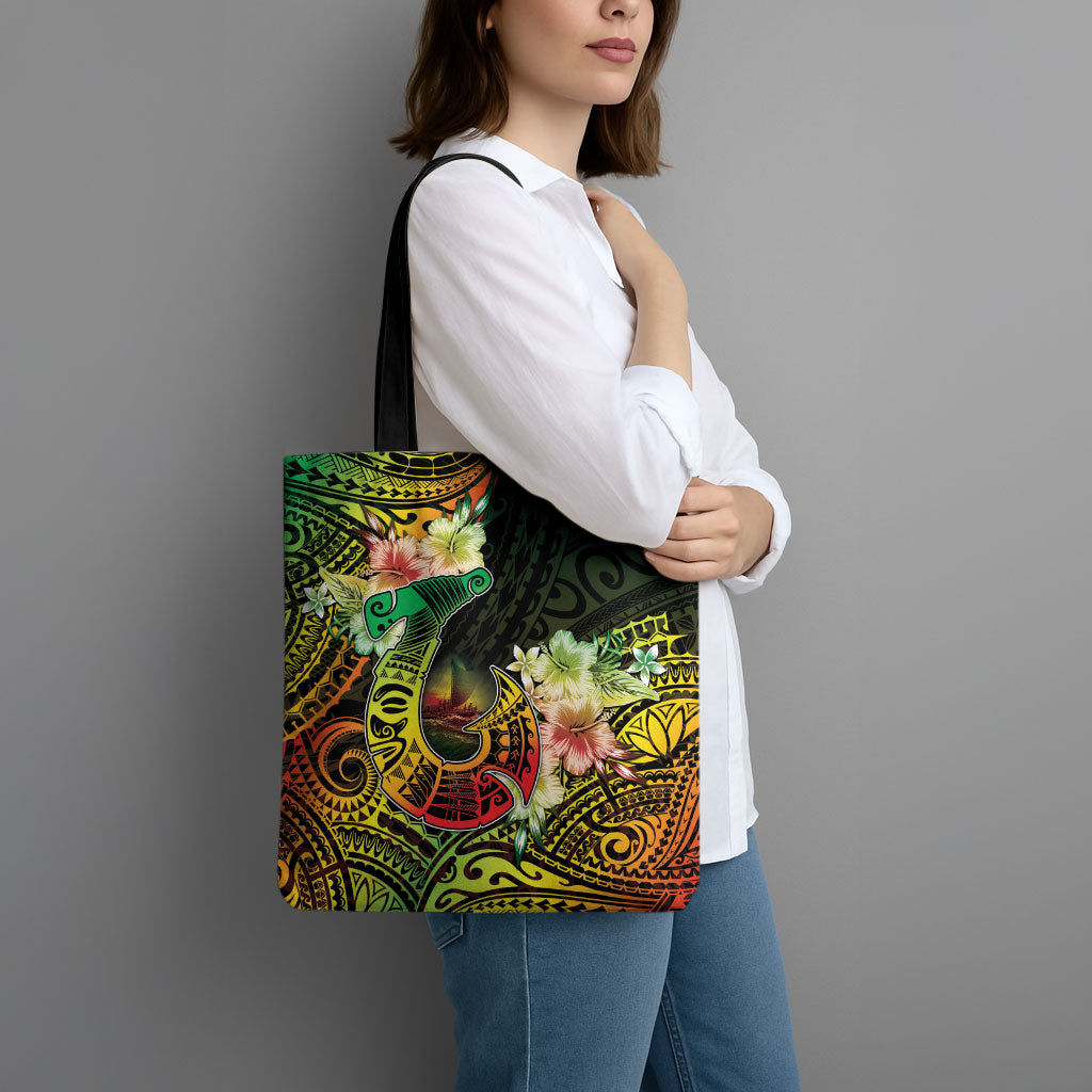 Hawaii Discoverers Day Tote Bag Polynesian Fish Hook With Hibiscus Reggae LT05 - Polynesian Pride