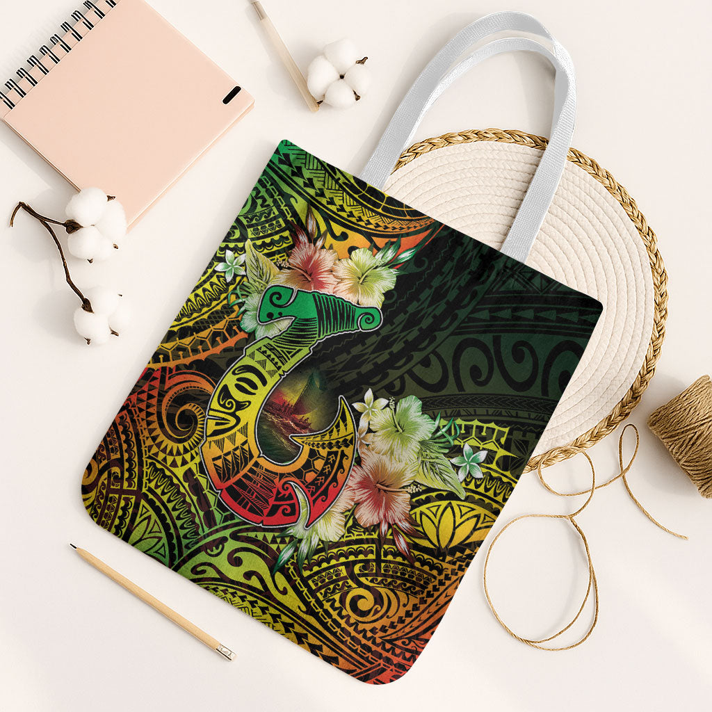 Hawaii Discoverers Day Tote Bag Polynesian Fish Hook With Hibiscus Reggae LT05 White Strap One Size Reggae - Polynesian Pride