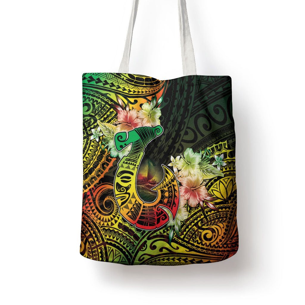 Hawaii Discoverers Day Tote Bag Polynesian Fish Hook With Hibiscus Reggae LT05 - Polynesian Pride