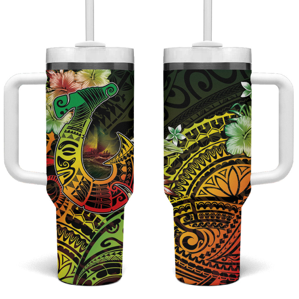 Hawaii Discoverers Day Tumbler With Handle Polynesian Fish Hook With Hibiscus Reggae LT05 One Size: 40 oz Reggae - Polynesian Pride